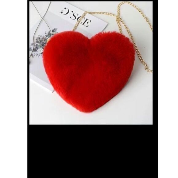 Fuzzy heart shaped gold chain, pocket book with front zipper . - Picture 1 of 11